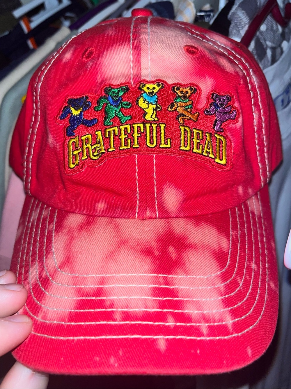 Grateful Dead Red Tie-Dye Baseball Cap with Multicolor Dancing Bears